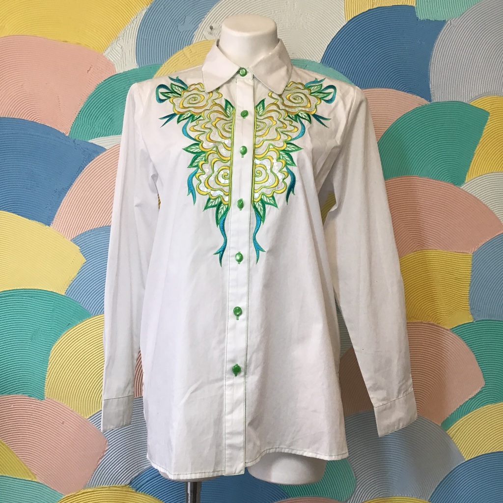 Bob Mackie Artistic Sequin Button Down Long Sleeve Top Szxs Embroidered